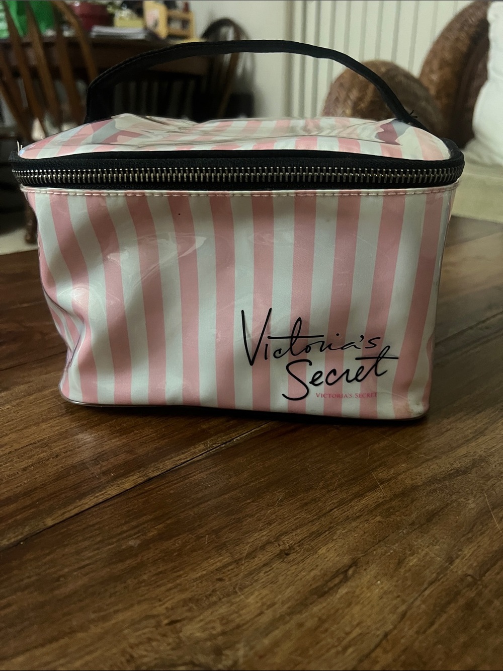 Victoria's Secret Pink & White Striped Makeup Case with Top Handle